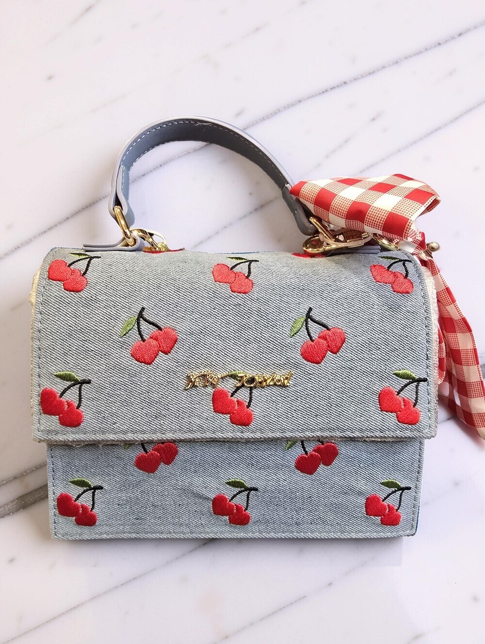 Betsey Johnson Denim Cherry Embroidered Crossbody Bag NWT